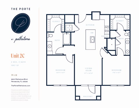 Floor plan for 2 beds, 2 baths, 1067 sqft